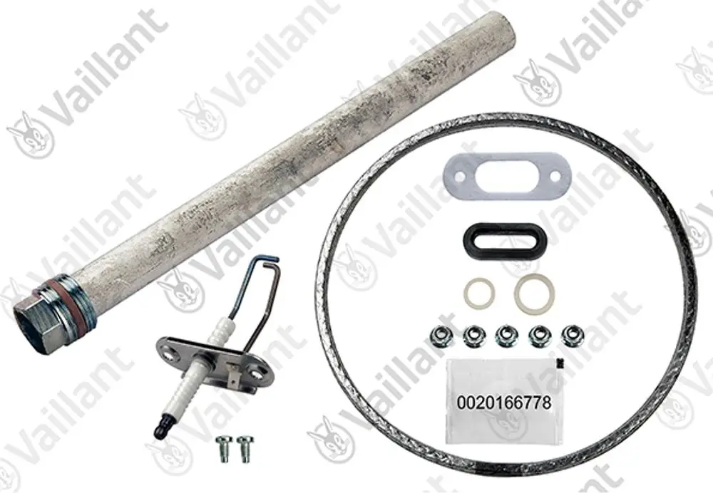 Wartungsset von Vaillant mit Montagerohr, Dichtungen, Anschlussteilen und Schrauben für Heizungs- oder Warmwasseranlagen.
